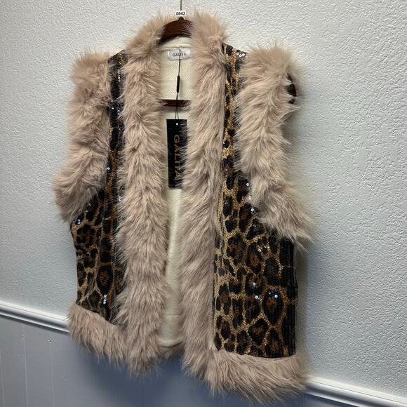 NWT, Women’s One-Size Leopard Sequin Faux Fur Trim Vest, K643 - Picture 6 of 14